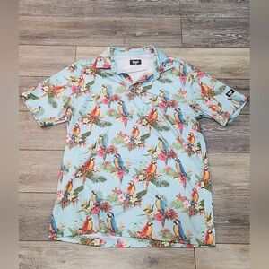 TWIW Men's Tropical Parrot Print Polo Shirt - Blue